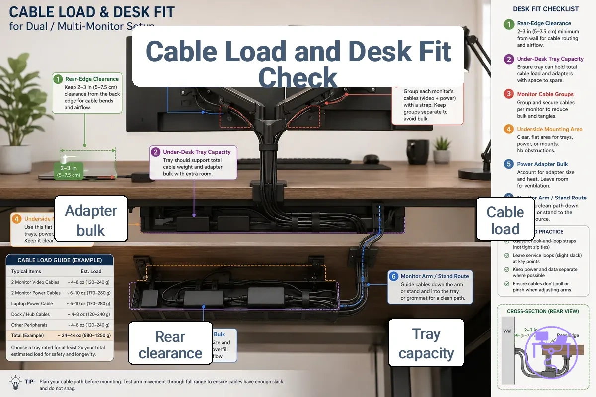 Cable load and desk fit check for dual monitors showing under-desk tray capacity, rear-edge clearance, and grouped monitor cables