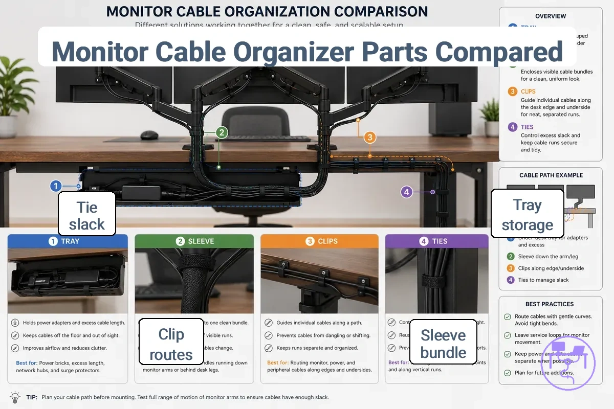 Trays, sleeves, clips, and ties used for monitor cable management with grouped cables, visible bundle control, and separate cable runs