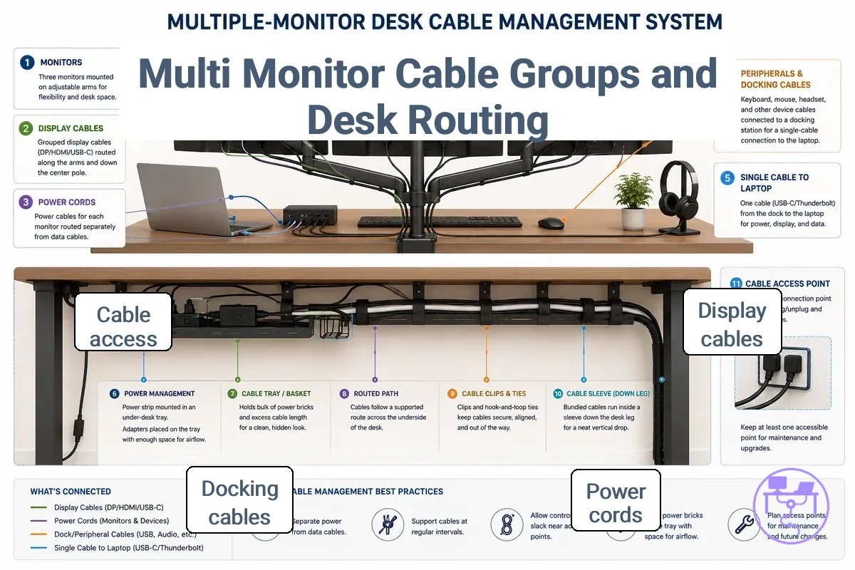 Multiple-monitor cable management system showing display, power, peripheral, and docking cable groups routed toward an under-desk area
