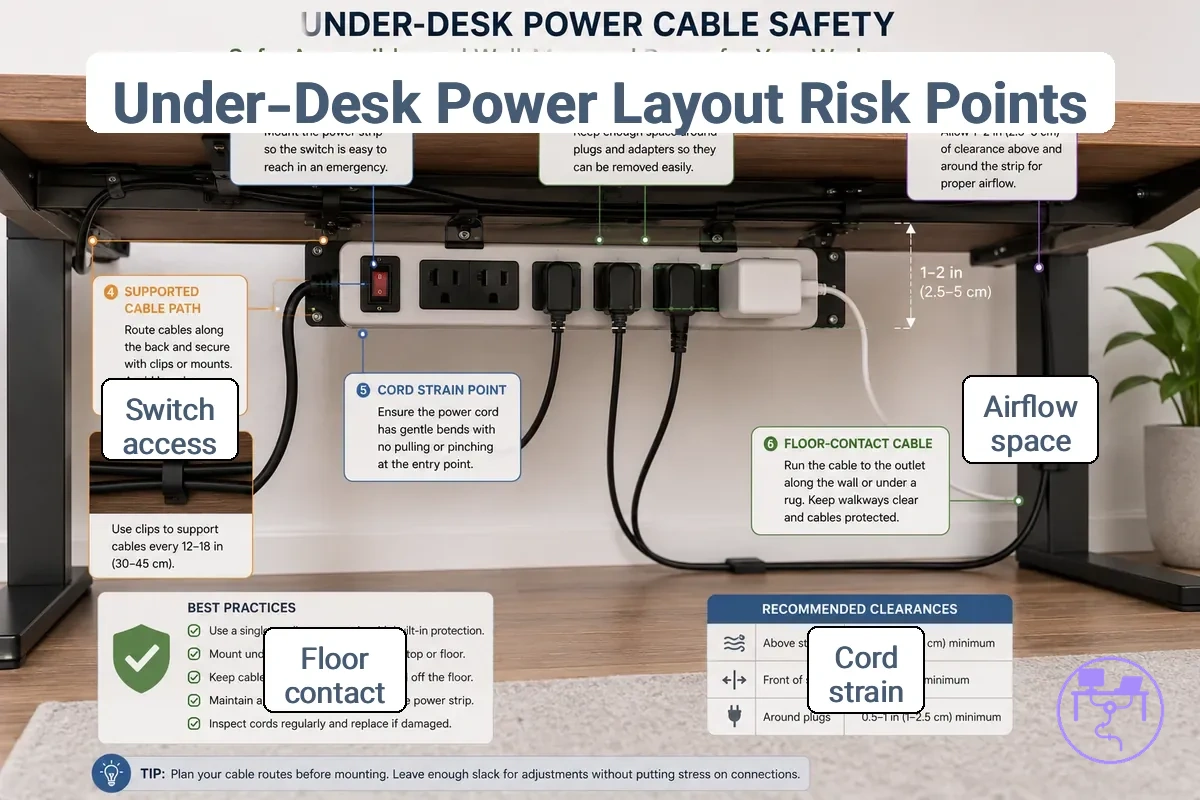 Electrical and physical risks in an under-desk power cable layout