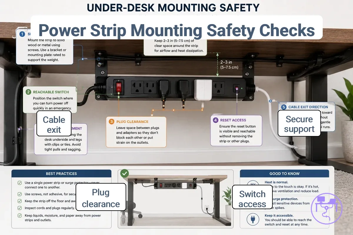Power strip and surge protector mounted under a desk with access and cable clearance