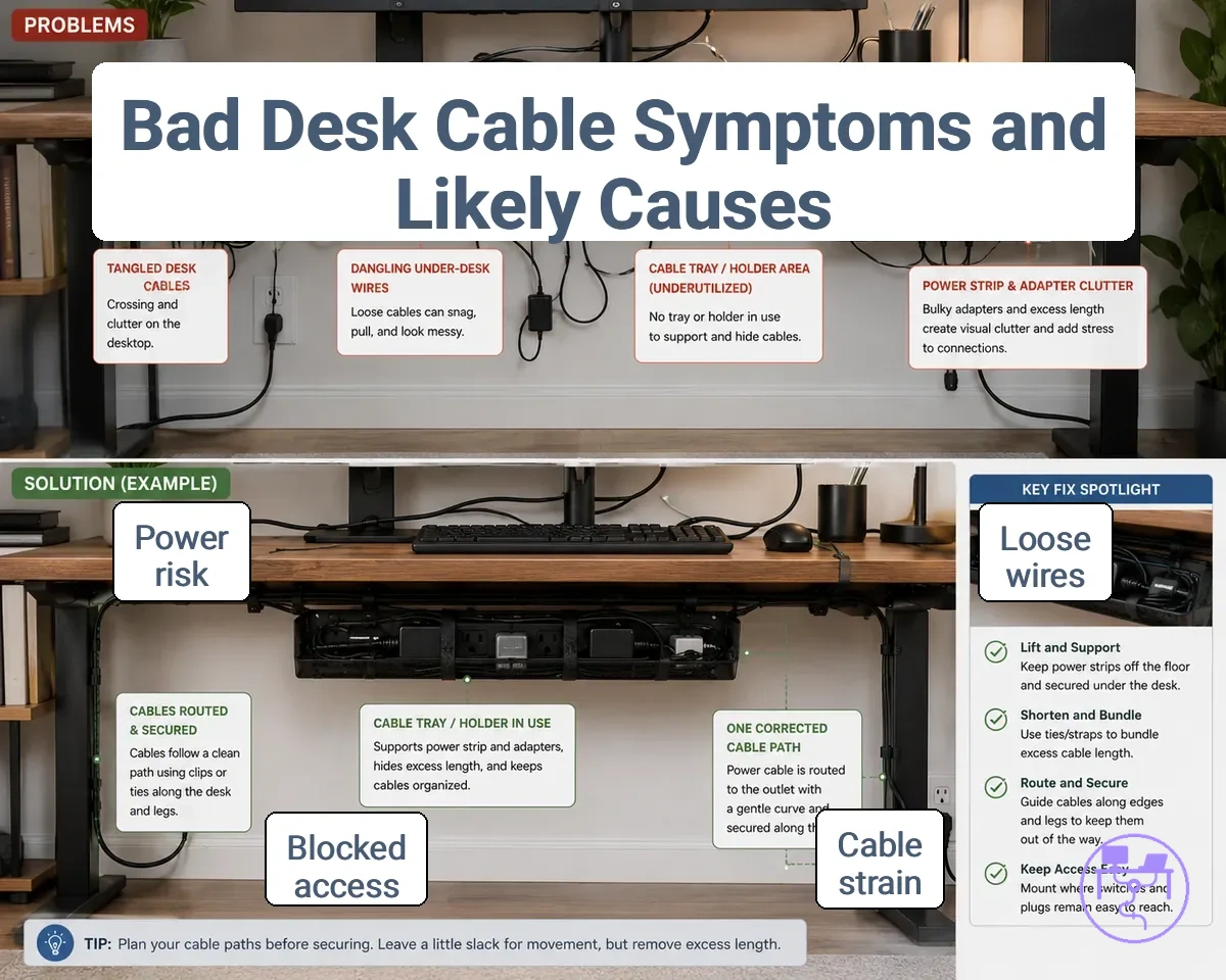 Visible desk cable management symptoms with tangled cables and dangling under-desk wires