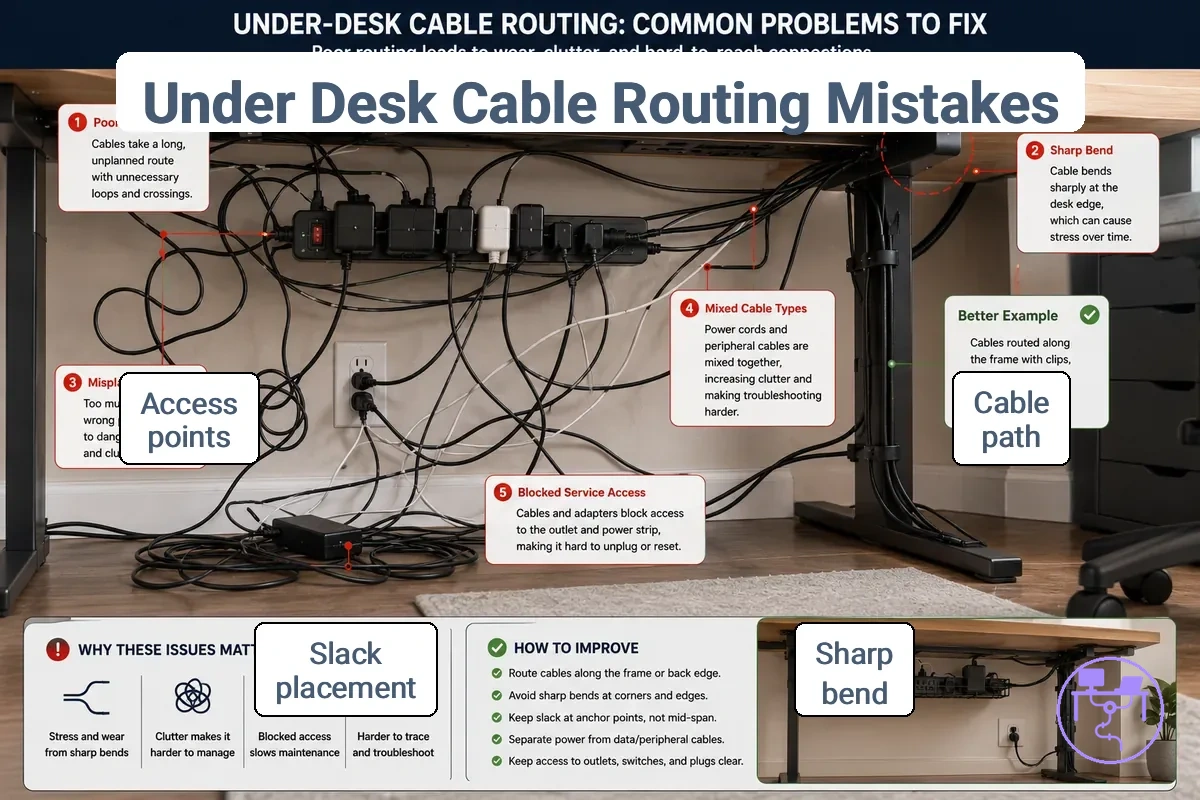 Under-desk cable routing issues showing cable path and slack problems