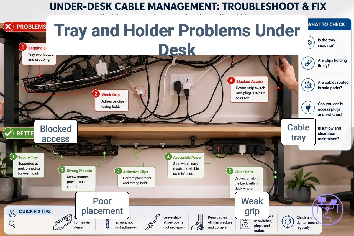 Desk cable tray and holder issues affecting support and access