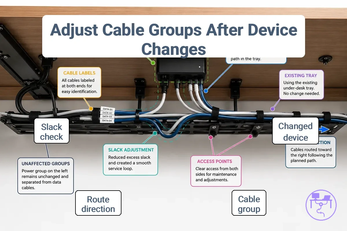 desk cable management adjustment after device change showing changed cable group, existing tray, labels, slack, and route direction