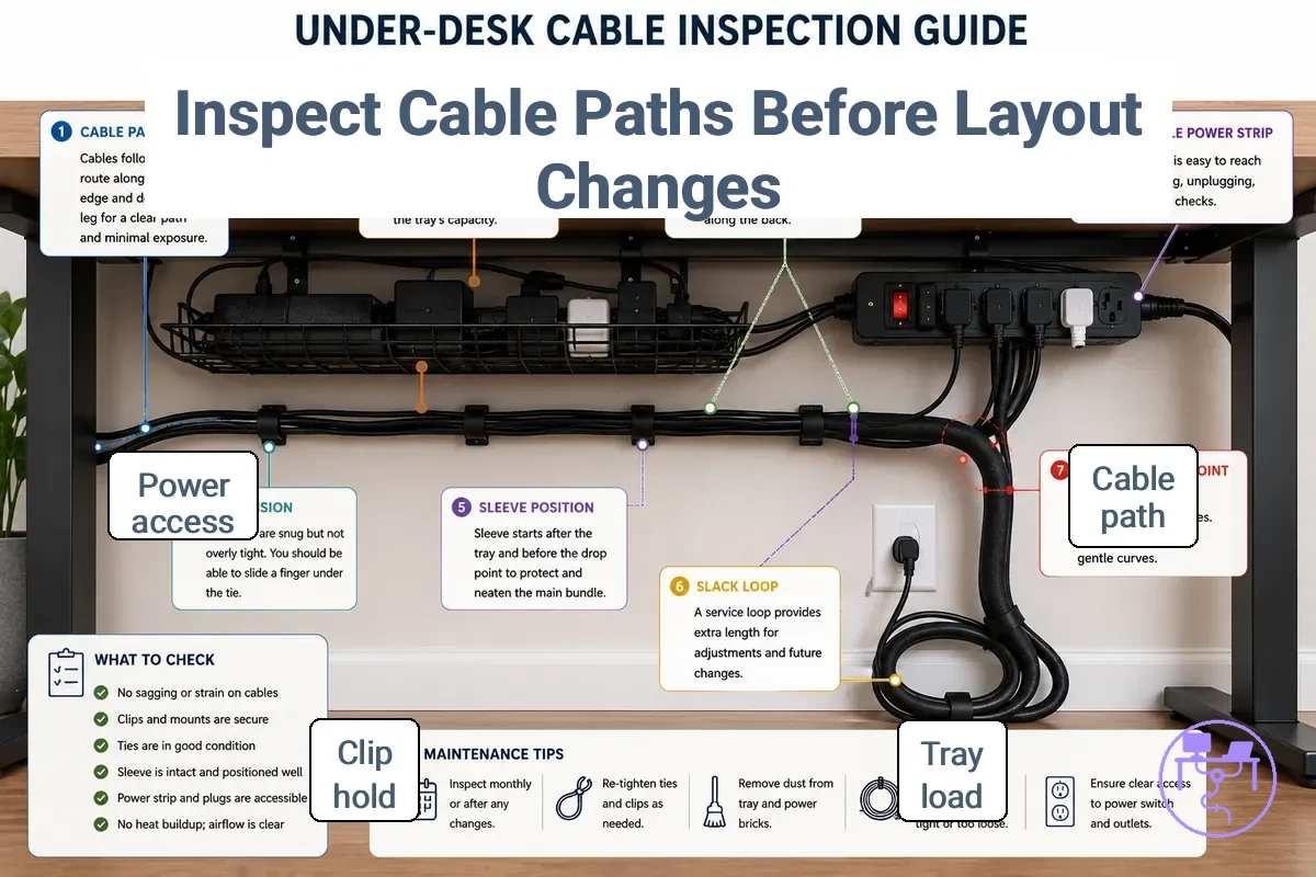 annotated under-desk cable path showing tray load, cable clips, slack, bend pressure, and power strip access