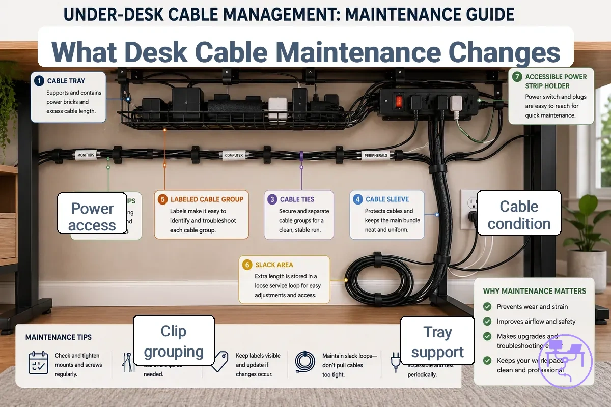 annotated desk cable management maintenance setup showing tray, clips, ties, labels, sleeve, slack, and power strip holder