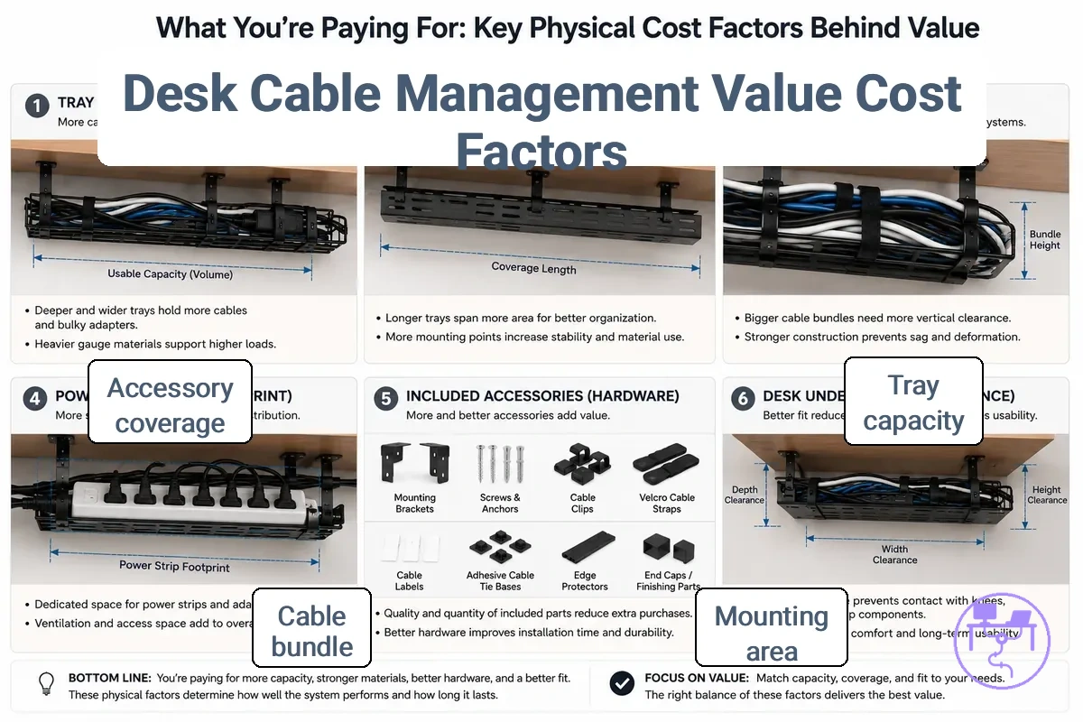 Desk cable management system cost factors labeled by cable load, mounting method, tray capacity, and accessory coverage