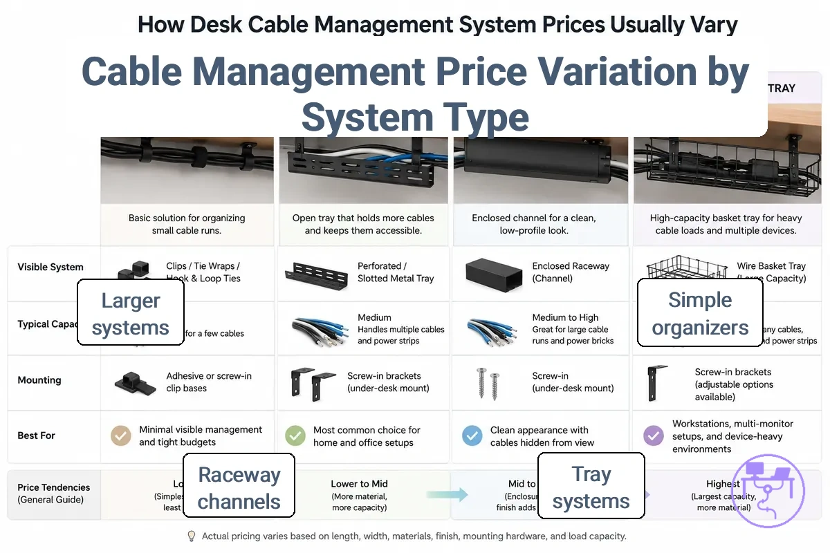 Desk cable management system price variation shown through clips, trays, raceways, and larger cable organizers