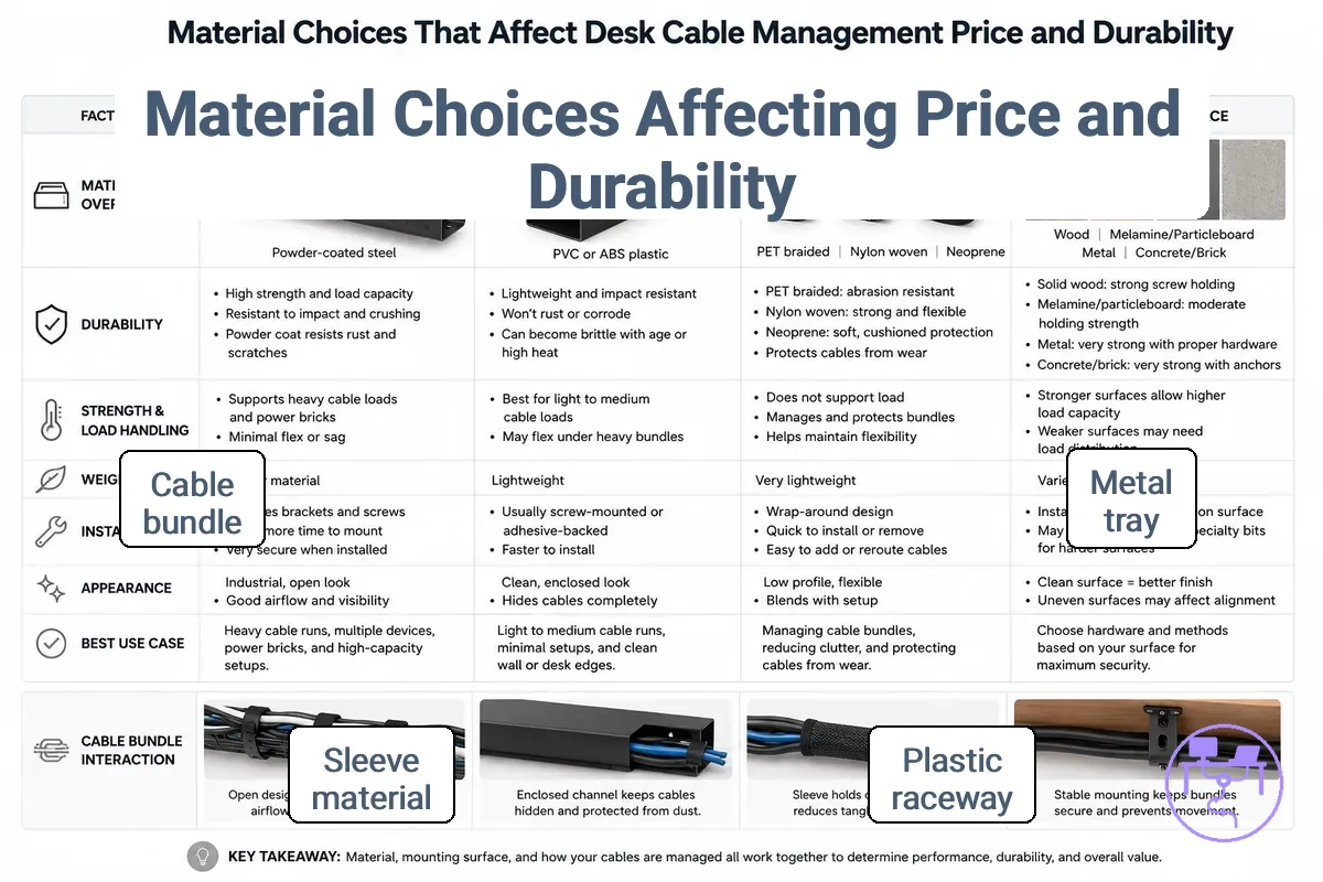 Material choices for desk cable management showing metal tray, plastic raceway, and cable sleeve differences