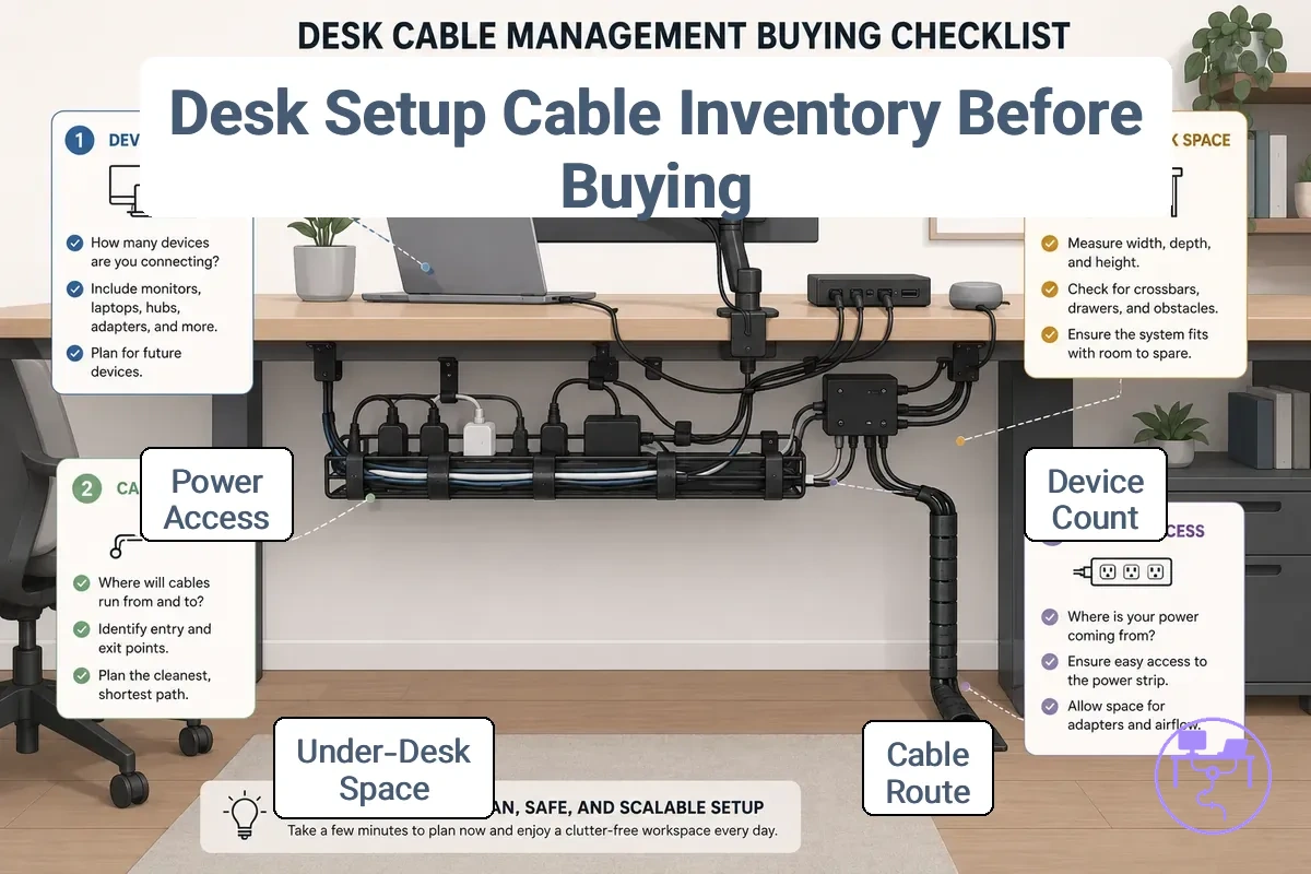 Desk setup review for cable routing and equipment planning