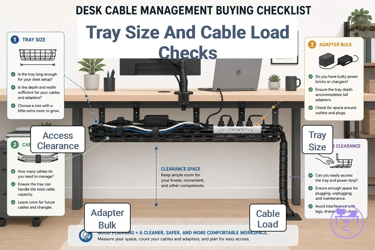 Under-desk tray capacity assessment for cables and adapters