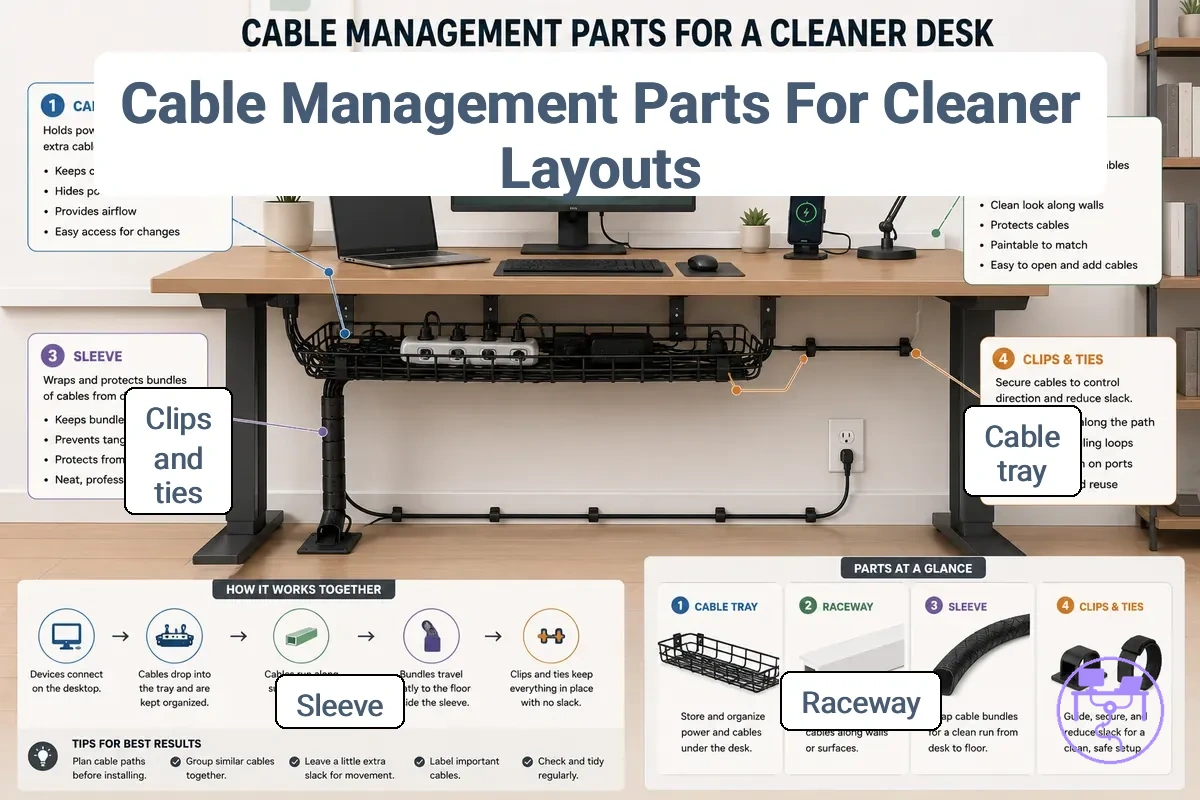 Cable management parts used for grouping, concealing, directing, and securing cables