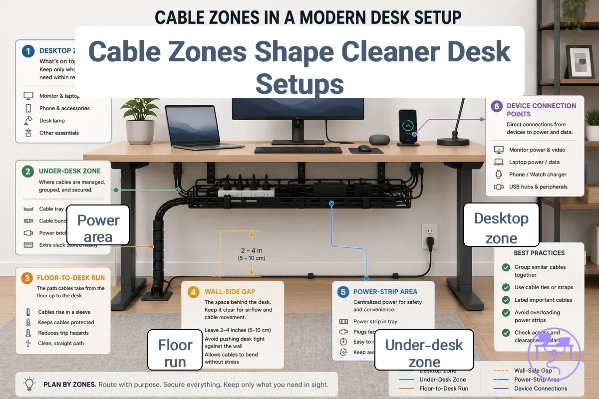 Cable zones across a desk setup including surface, underside, and connection areas