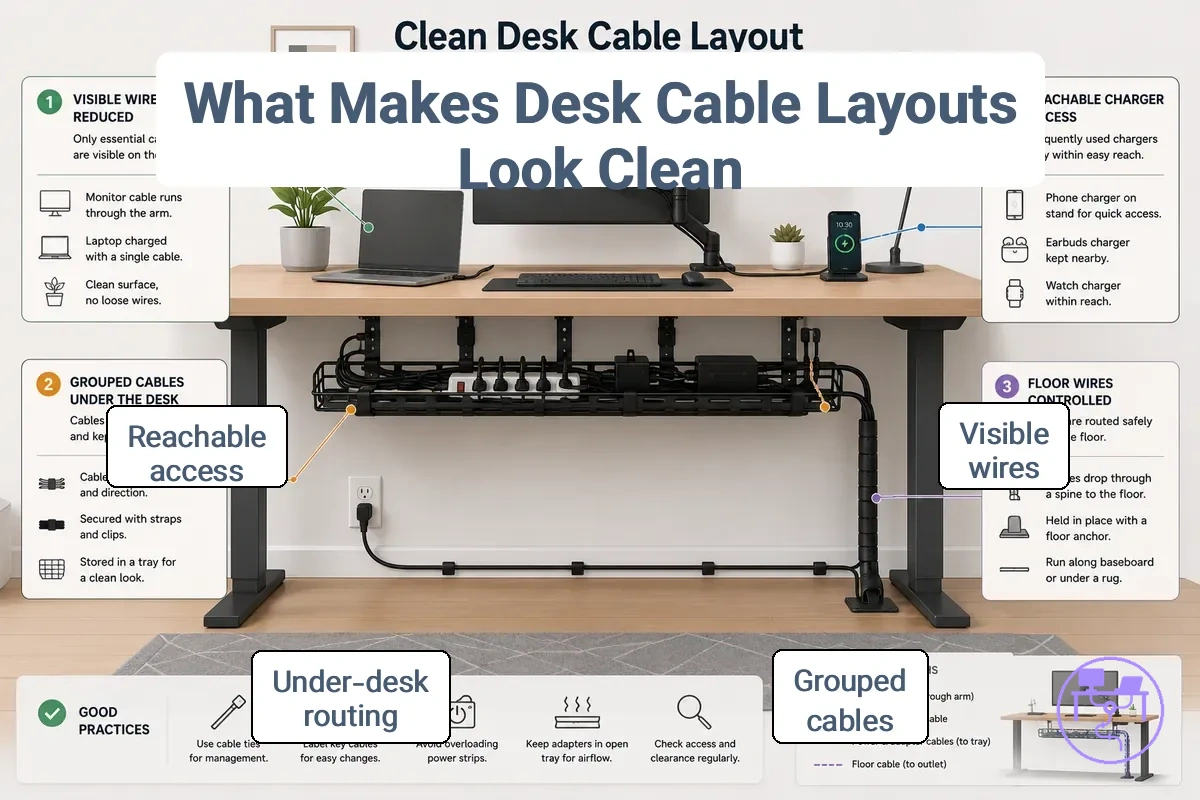 Desk cable layout with organized routing and accessible connections