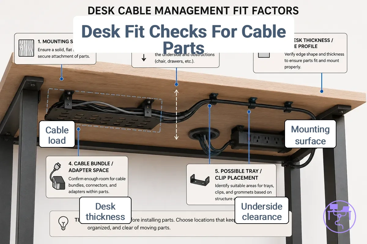 Annotated desk underside showing fit factors for cable management parts including mounting surface, clearance, thickness, and cable load