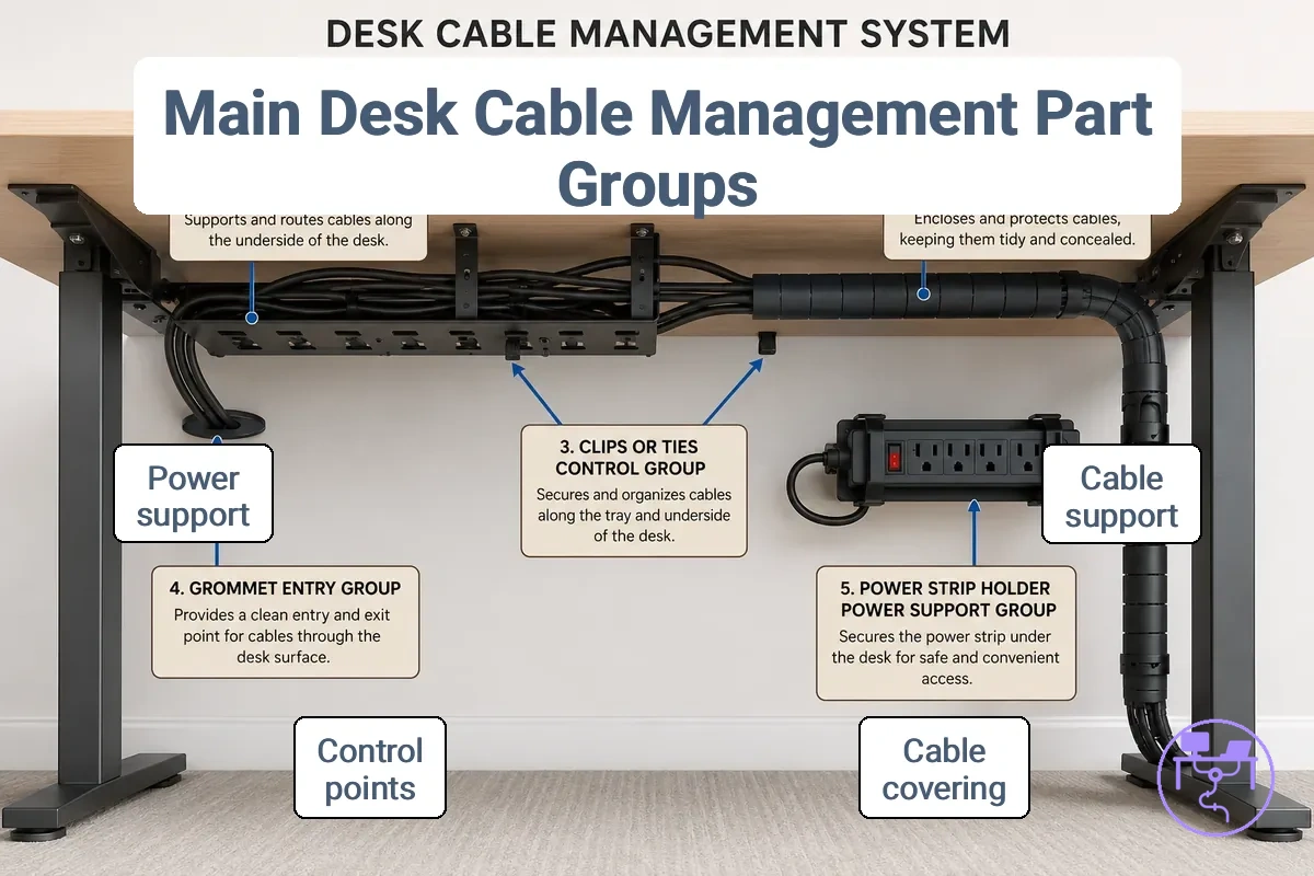 Diagram of main desk cable management system part groups including tray, raceway, sleeve, clips, grommet, and power strip holder