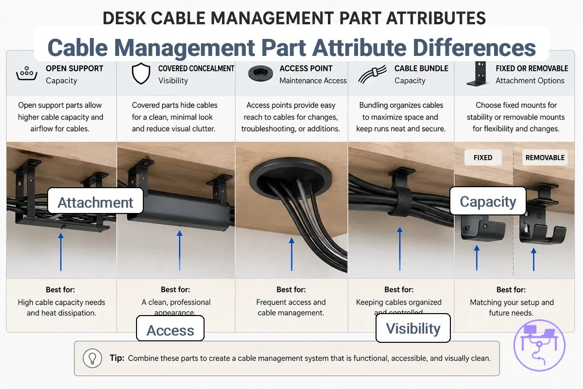 Comparison graphic showing desk cable management part attributes for capacity, visibility, access, and attachment