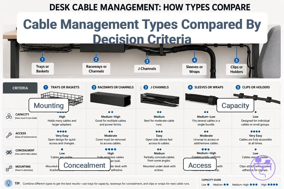 Comparison of cable management types by capacity access concealment and mounting