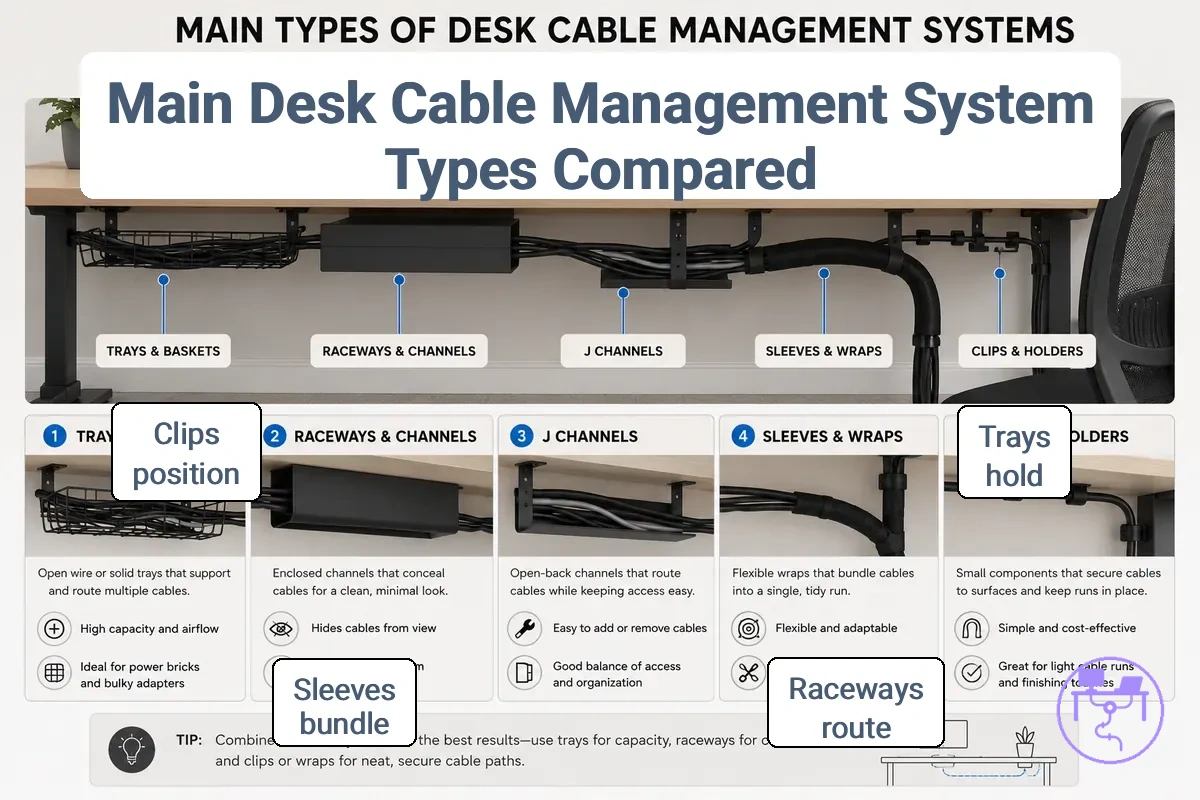 Comparison of desk cable management system type families