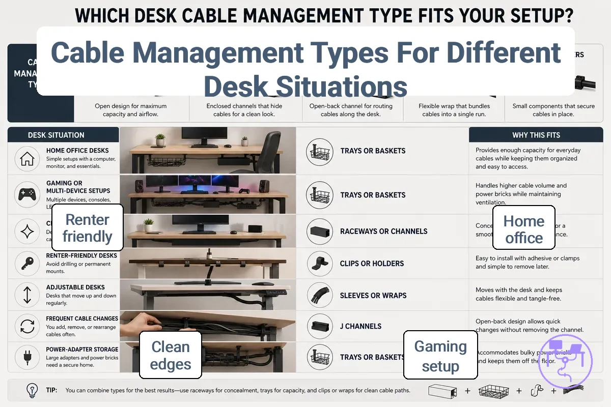 Desk situations matched to cable management types