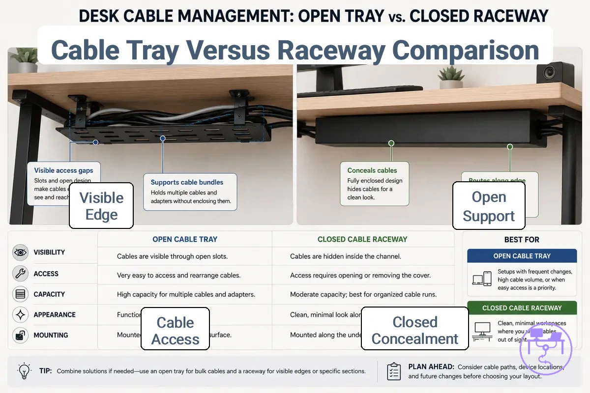 Cable tray vs raceway for open support and closed concealment shown with labeled desk cable organizer details