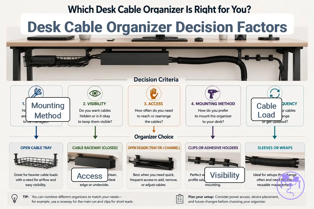 comparison factors that change the best desk cable organizer choice shown with labeled desk cable organizer details