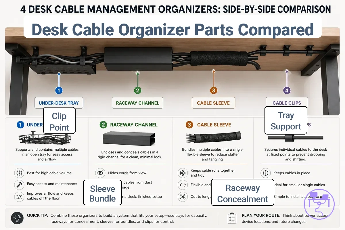 What trays, raceways, sleeves, and clips do for desk cables shown with labeled organizer roles
