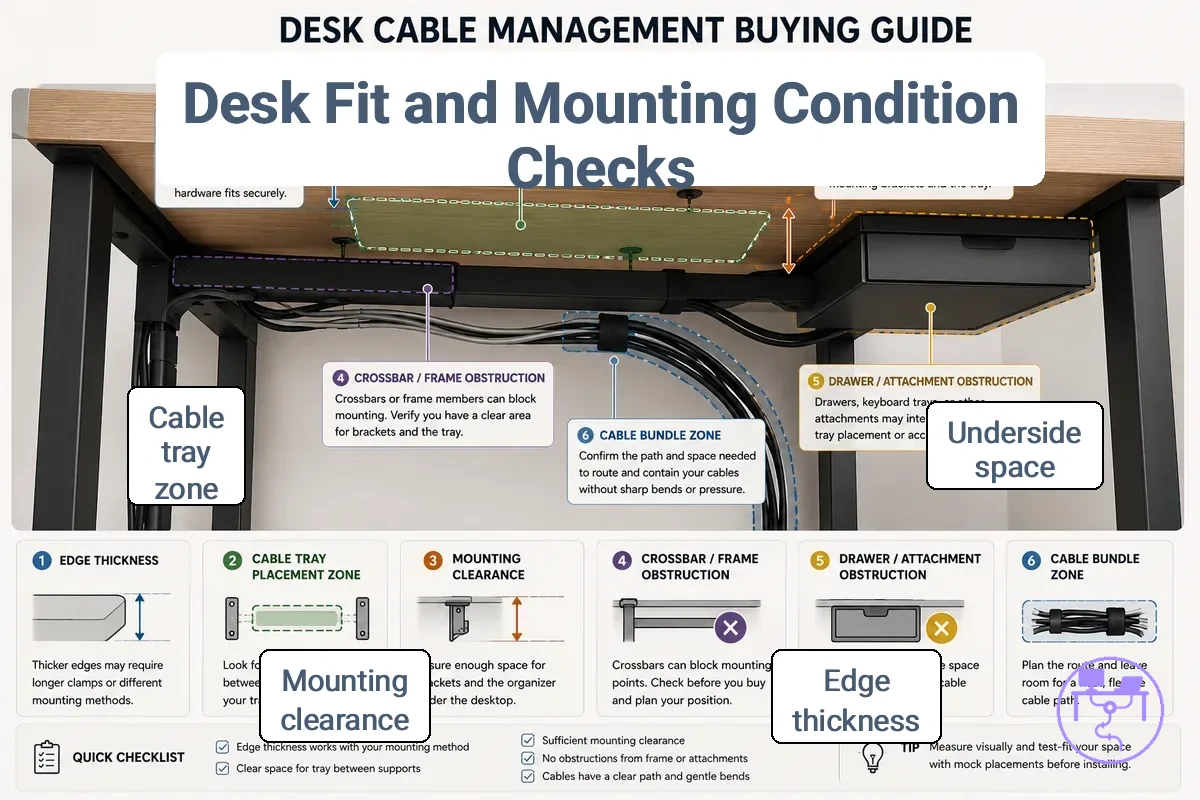 Desk fit and mounting conditions diagram showing underside clearance, edge thickness, and cable tray placement.