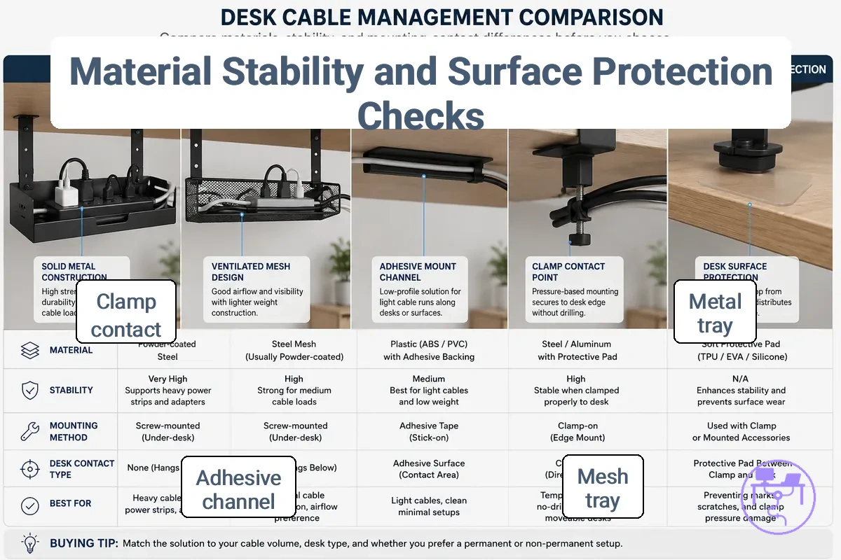Comparison of desk cable management materials and mounting contact points for stability and surface protection.