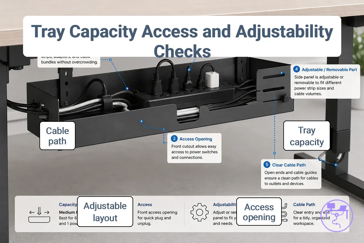 Under-desk tray showing cable capacity, access opening, and adjustable cable management space.