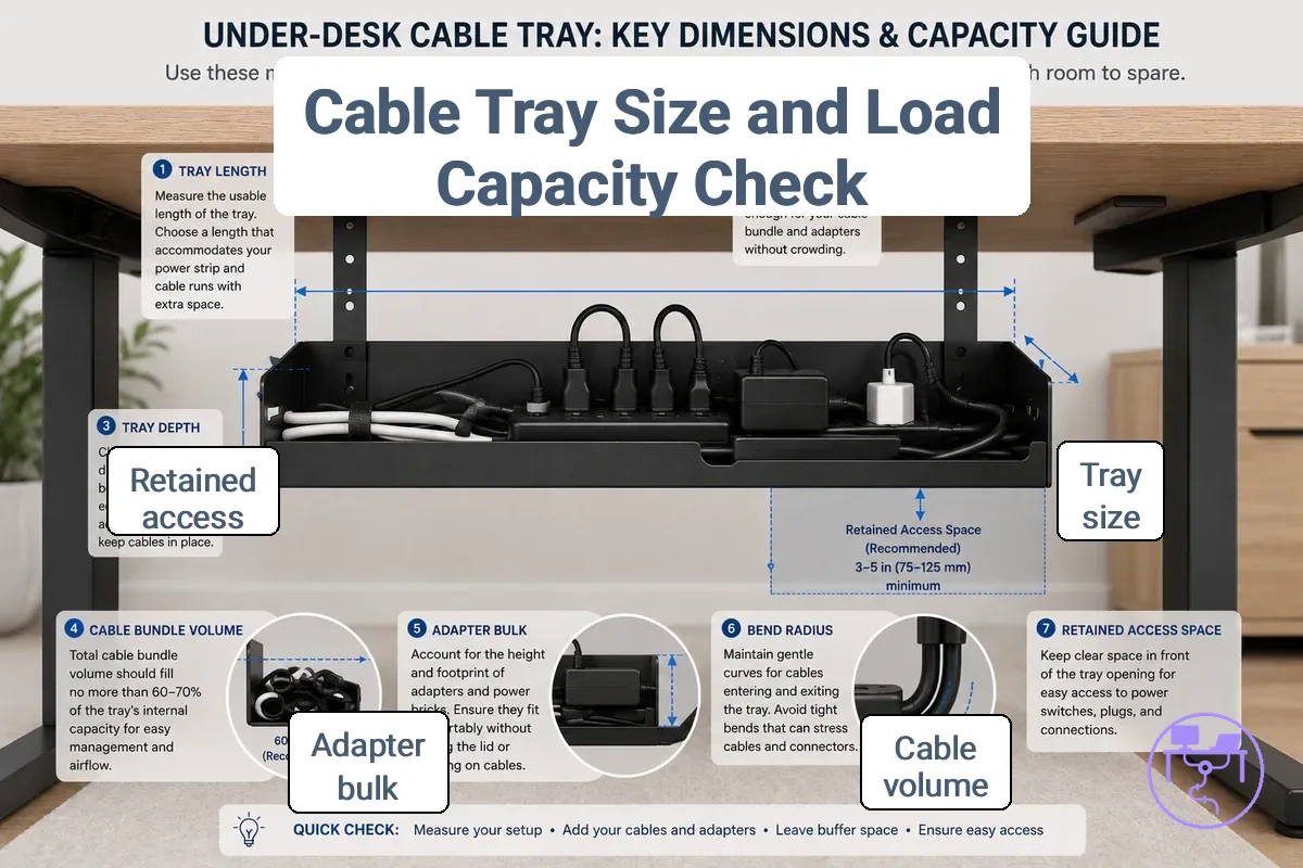Cable tray dimensions and cable bundle capacity considerations under a desk