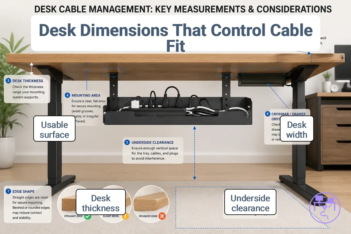Desk measurements and mounting area affecting cable management system compatibility