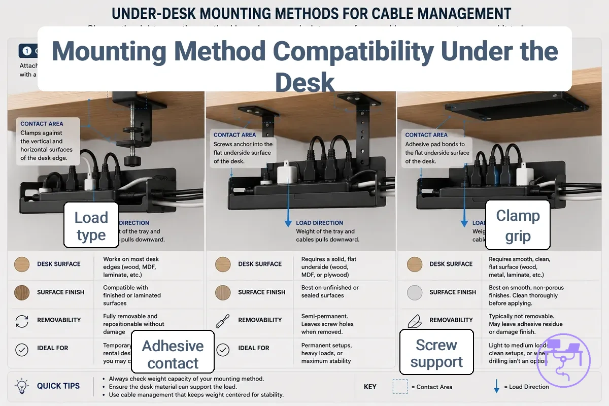 Comparison of clamp screw and adhesive mounting methods under a desk