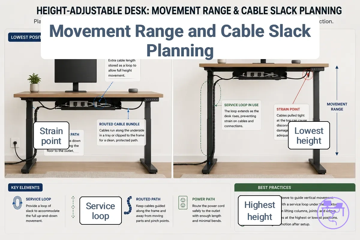 standing desk cable slack diagram showing sitting and standing height