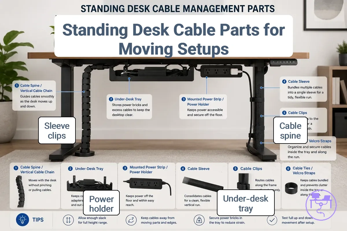 standing desk cable management parts including cable spine tray sleeve and clips