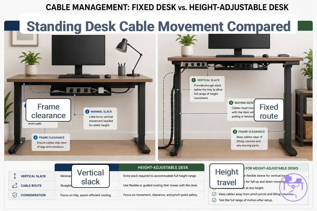 standing desk cable management compared with fixed desk cable routing