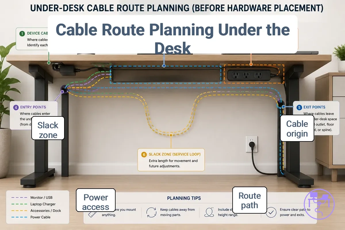 Cable route planning under the desk showing cable origins, route path, power strip area, exit points, and slack