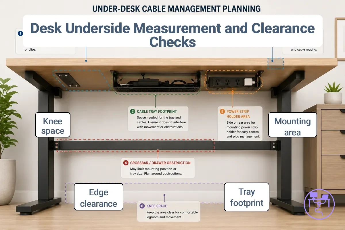 Desk underside measurements and clearance checks showing mounting area, tray footprint, edge clearance, and obstructions