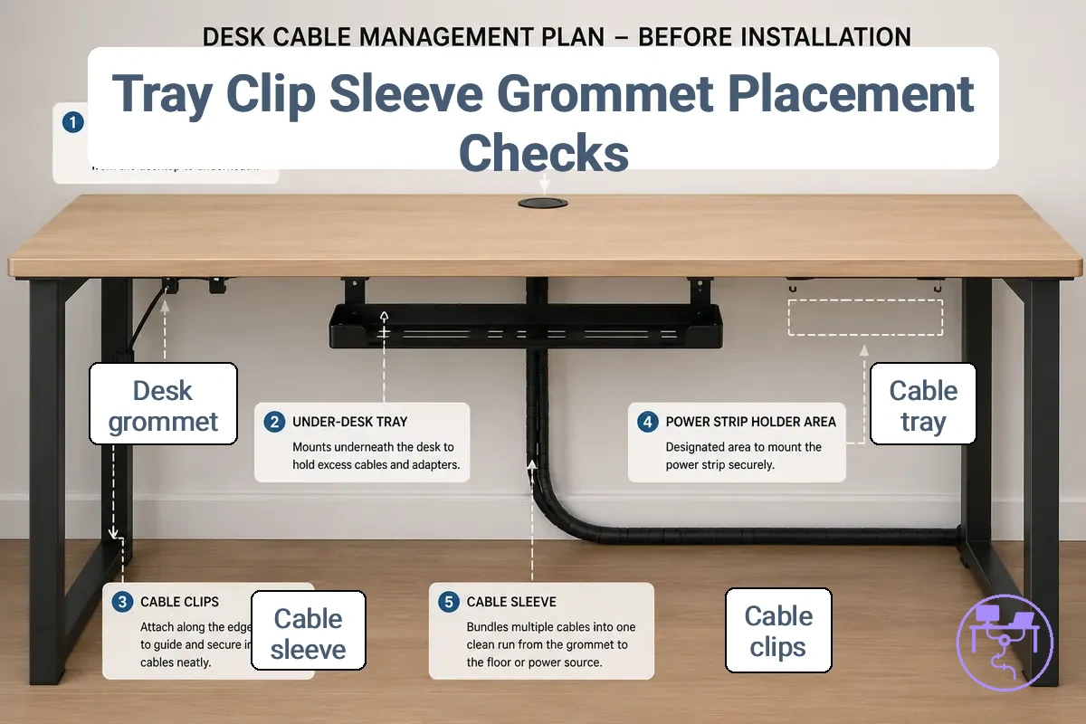 Tray, clip, sleeve, and grommet placement checks showing cable management parts positioned under and around a desk