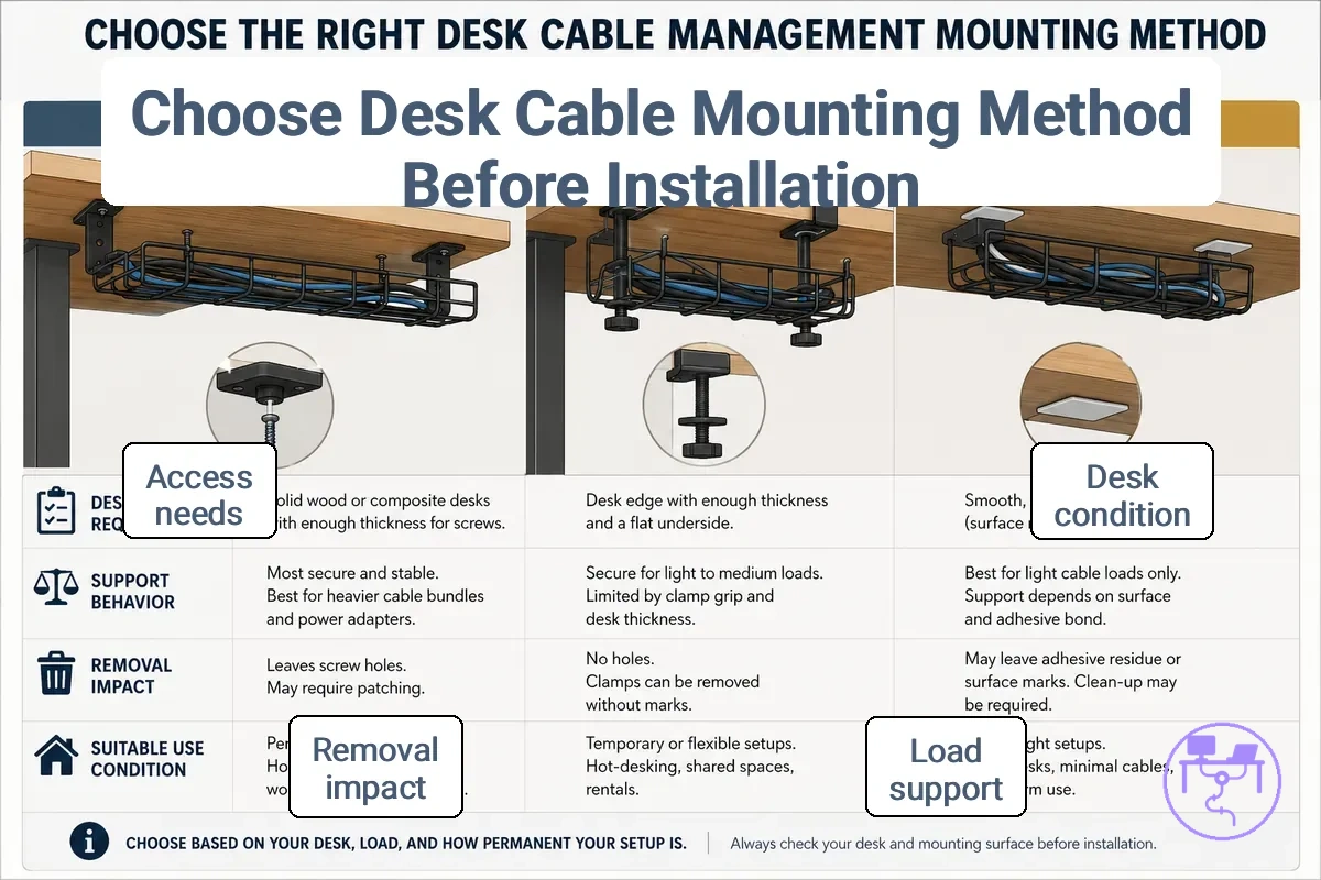 Comparison of mounting methods before desk cable management installation