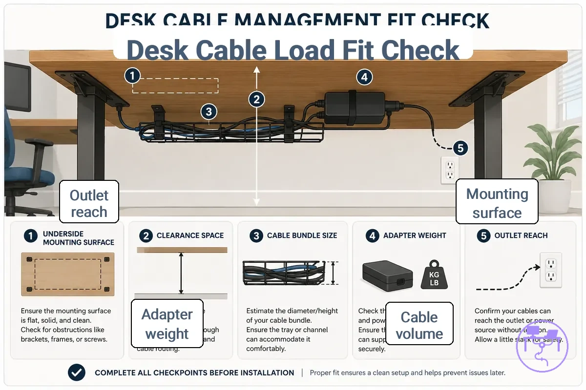 Desk underside and cable load fit check areas for installation