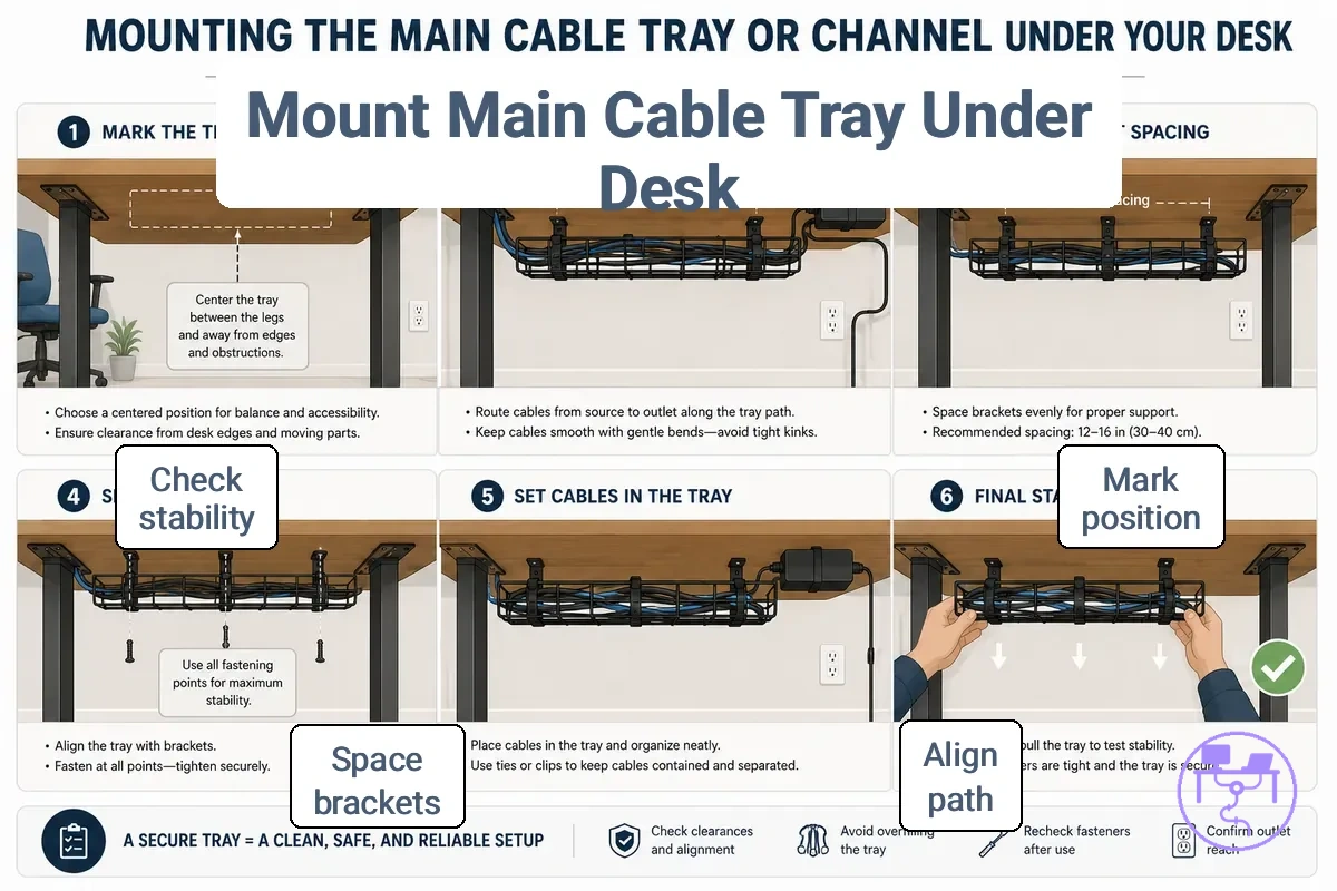 Main cable tray or channel mounting position under a desk