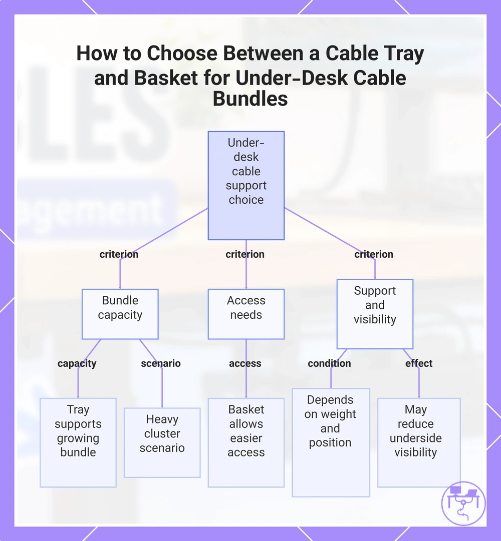 How to Choose Between a Cable Tray and Basket for Under-Desk Cable Bundles