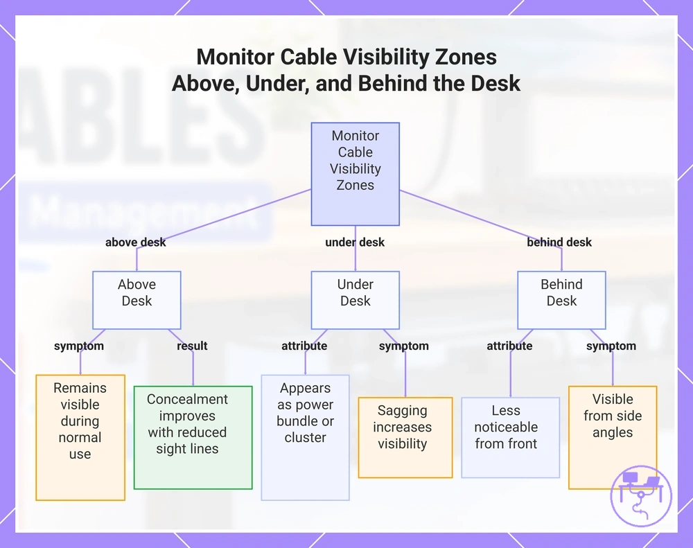 Monitor Cable Visibility Zones Above, Under, and Behind the Desk