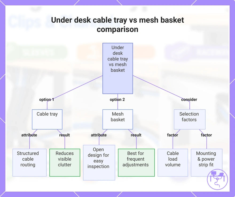Under desk cable tray vs mesh basket comparison