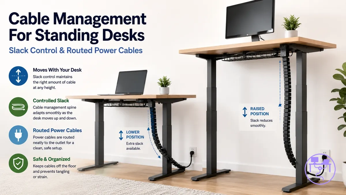 Standing desk cable management system with slack control for moving desk height and routed power cables