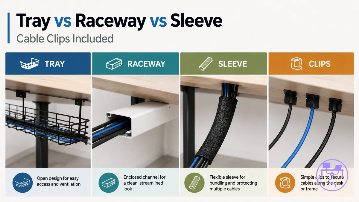 Comparison of cable tray, cable raceway, cable sleeve, and cable clips for desk cable management