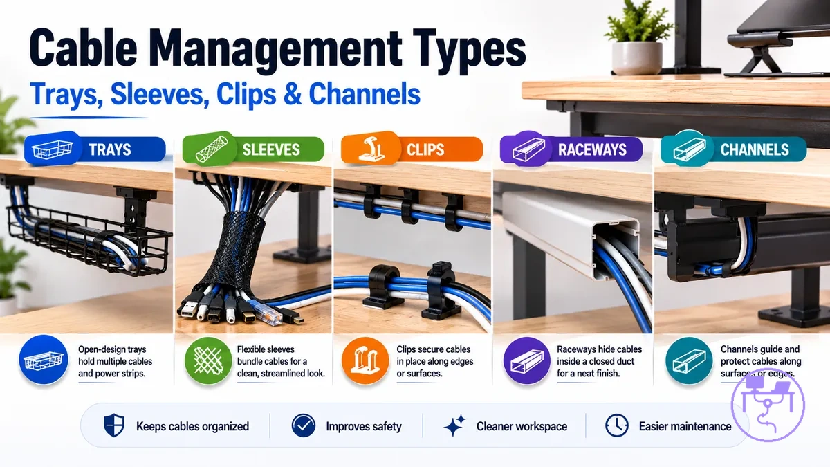 Different types of desk cable management systems shown as trays, raceways, sleeves, clips, and channels