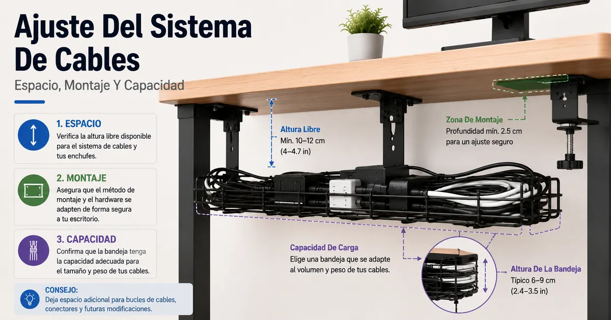 Comprobación de ajuste de un sistema de gestión de cables con espacio bajo el escritorio, zona de montaje y capacidad para cables